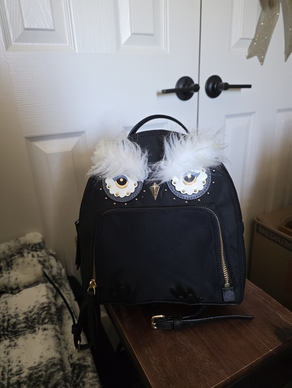 Kate Spade Whimsical Black Owl Backpack with White Feather Accents Collectable